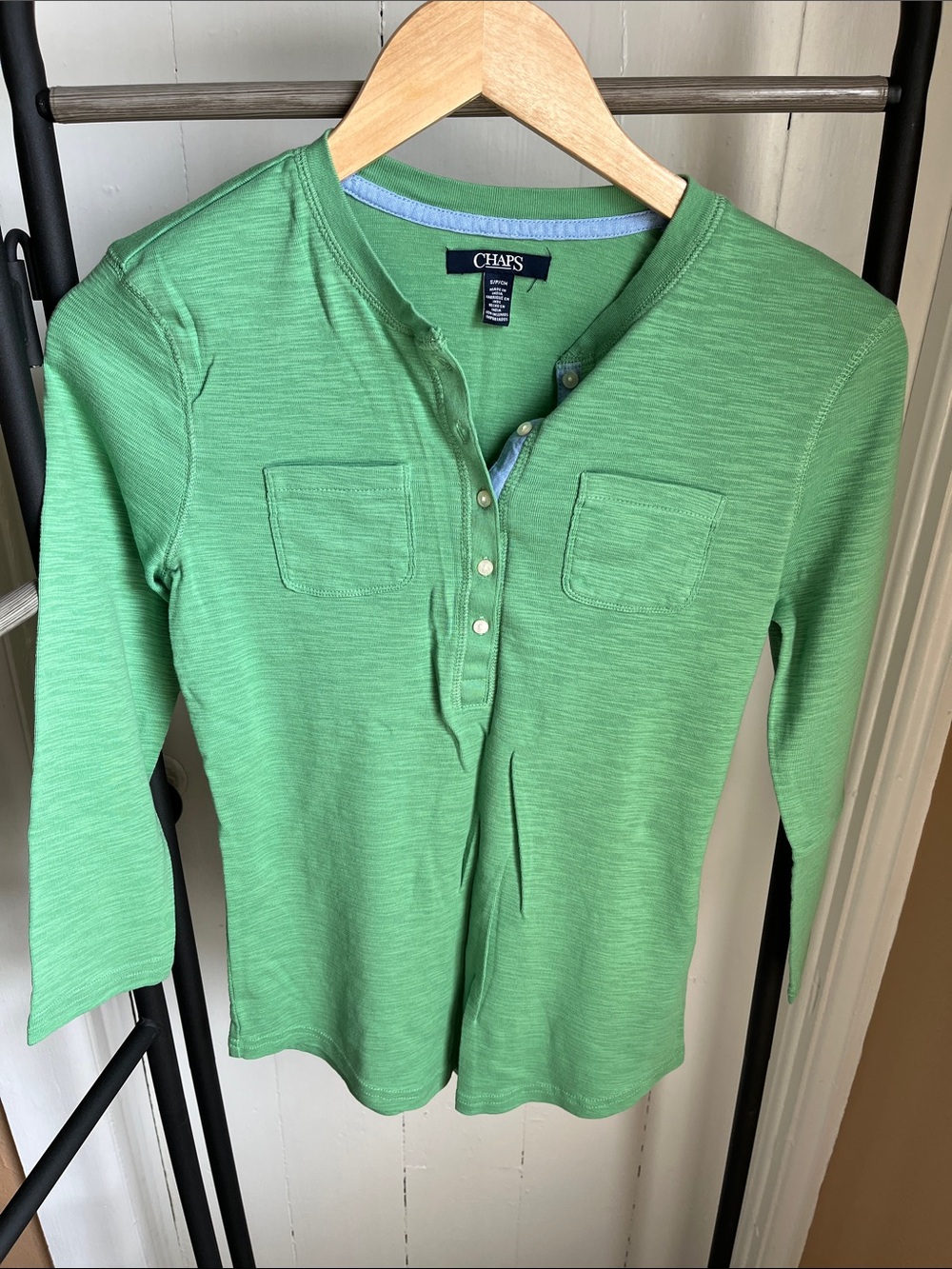 Chaps Green 3/4 Sleeve Henley with Chest Pockets